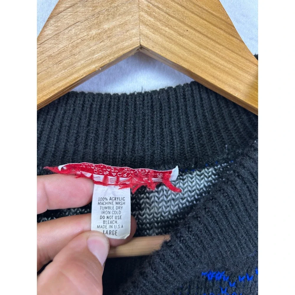 Vintage 80s Javenits Mens Large Blue Black Geometric Abstract Knit Sweater‎ USA
